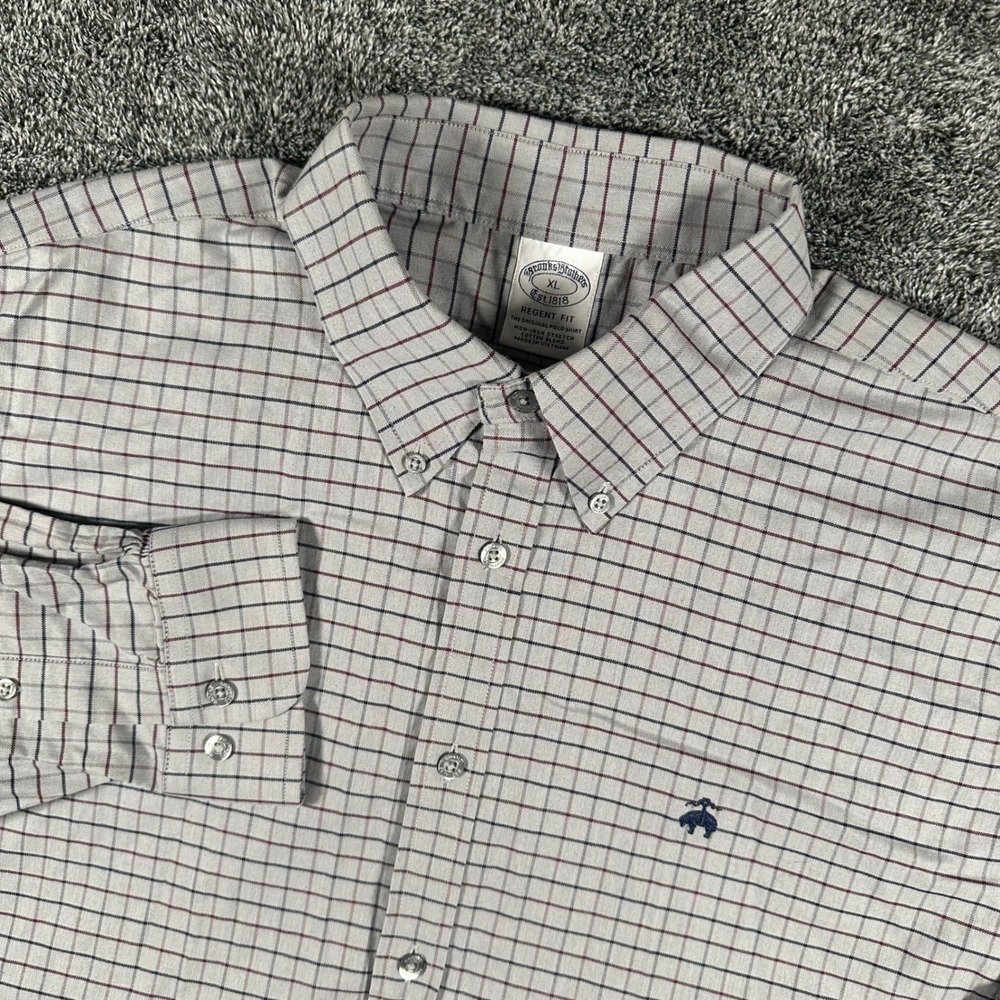 Brooks Brothers Shirt Mens XL Regent Fit Grey Tattersall Non-Iron Button-Down